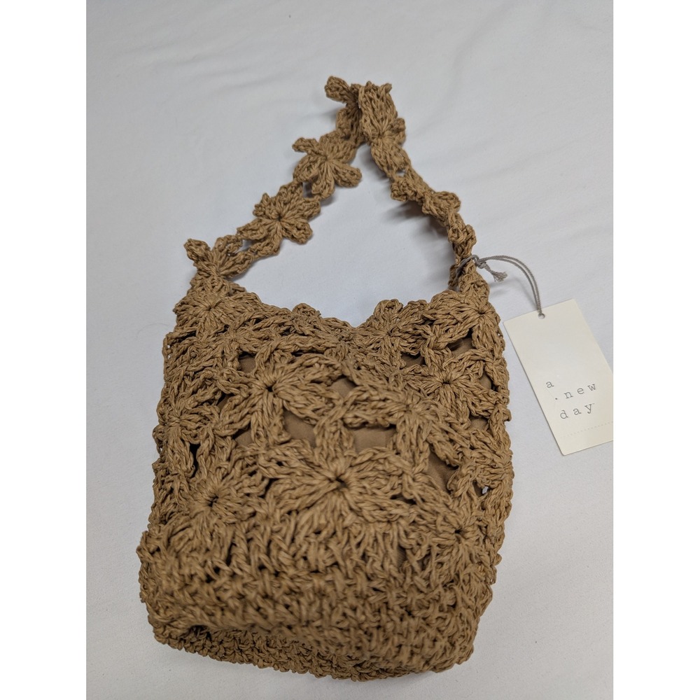 NWT A New Day Beige Floral Crochet Shoulder Bag Handcrafted Woven Handbag